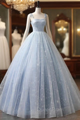 Blue A-Line Tulle Long Evening Prom Dresses, Blue Evening Sweet 16 Dresses