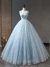 Blue A-Line Tulle Long Evening Prom Dresses, Blue Evening Sweet 16 Dresses