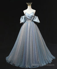 Blue A Line Tulle Long Prom Dress, Blue Tulle Evening Dress with Beading