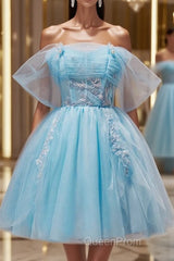 Blue A-line Tulle Short Evening Prom Dresses, Blue Homecoming Dresses