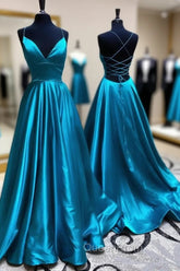 Blue A Line V Neck Backless Satin Long Evening Prom Dresses Open Back Evening Graduation Evening Gowns