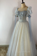 Blue And Champagne Tulle Beaded Shiny Tulle Evening Prom Dresses, A-Line Long Party Dresses