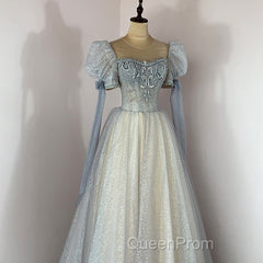 Blue And Champagne Tulle Beaded Shiny Tulle Evening Prom Dresses, A-Line Long Party Dresses