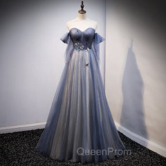 Blue and Grey Tulle Long Sweetheart Party Dresses, Tulle A-line Evening Dresses