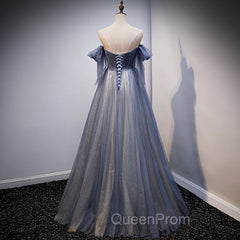 Blue and Grey Tulle Long Sweetheart Party Dresses, Tulle A-line Evening Dresses