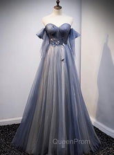 Blue and Grey Tulle Long Sweetheart Party Dresses, Tulle A-line Evening Dresses