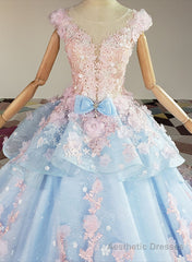 Blue and Pink Ball Gown Tulle with Flowers Sweet 16 Dress, Blue Formal Dress