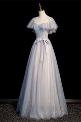 Blue And Pink Beaded Tulle Lovely A-Line Long Party Dresses, Tulle Evening Dresses Evening Prom Dresses