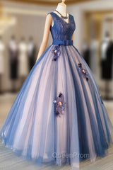 Blue and Pink Flower Lace Applique V-neckline Sweet 16 Gown, Floor Length Evening Dresses