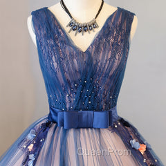Blue and Pink Flower Lace Applique V-neckline Sweet 16 Gown, Floor Length Evening Dresses