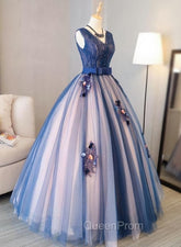 Blue and Pink Flower Lace Applique V-neckline Sweet 16 Gown, Floor Length Evening Dresses