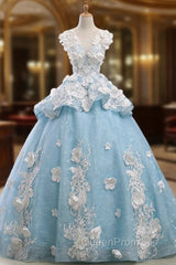 Blue Ball Gown Cap Sleeve Organza Flower Backless Wedding Dresses