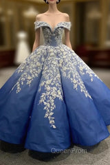 Blue Ball Gown Off the Shouler Appliques Evening Prom Dresses