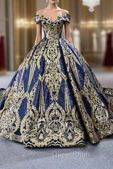 Blue Ball Gown Sequins Off the Shoulder Luxury Evening Prom Dresses