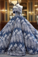 Blue Ball Gown Sequins One Shoulder Long Luxury Evening Prom Dresses