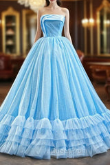 Blue Ball Gown Sequins Strapless Pleats Sleeveless Evening Prom Dresses