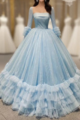 Blue Ball Gown Sequins Tulle Long Sleeve Pleats Evening Prom Dresses