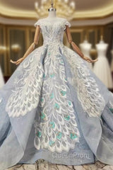 Blue Ball Gown Tulle Lace Appliques Cap Sleeve Luxury Wedding Dresses With Beading