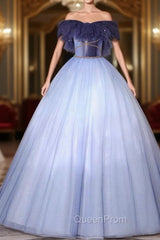 Blue Ball Gown Tulle Off the Shoulder Quinceanera Dresses