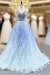 Blue Ball Gown Tulle Spaghetti Straps Beading Evening Prom Dresses