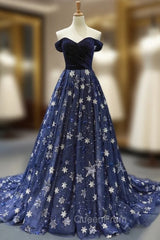 Blue Ball Gown Tulle Star Sequins Off the Shoulder Evening Prom Dresses