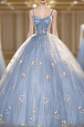 Blue Ball Gown with Scattered Little Flower Evening Prom Dresses
