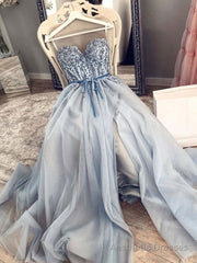 Blue Beaded Long Prom Dresses, Sweetheart Neck Blue Long Formal Evening Dresses with Beadings