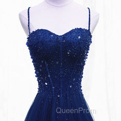Blue Beaded Straps A-line Tulle New Evening Prom Dresses Party Dresses, Blue Floor Length Party Dresses