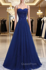 Blue Beaded Straps A-line Tulle New Evening Prom Dresses Party Dresses, Blue Floor Length Party Dresses