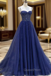 Blue Beaded Sweetheart Tulle A-line Evening Prom Dresses, Blue Long Party Dresses