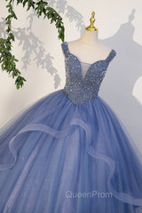 Blue Beaded Tulle Long A-Line Evening Prom Dresses, Blue Evening Dresses