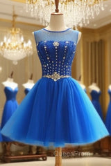 Blue Beaded Tulle Short Cute Homecoming Dresses, Blue Short Party Dresses Evening Prom Dresses