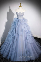Blue Cascading Ruffles Long Evening Prom Dresses, A-Line Strapless Short Sleeve Sweep Train Evening Dresses