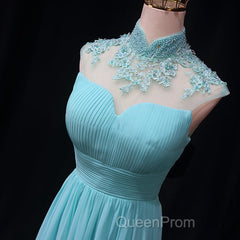 Blue Chiffon Lace And Beaded Cap Sleeves Evening Prom Party Dresses, A-Line Chiffon Formal Dresses