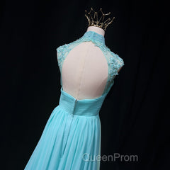 Blue Chiffon Lace And Beaded Cap Sleeves Evening Prom Party Dresses, A-Line Chiffon Formal Dresses
