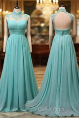 Blue Chiffon Lace And Beaded Cap Sleeves Evening Prom Party Dresses, A-Line Chiffon Formal Dresses