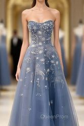 Blue Embroidery Tulle Dresses