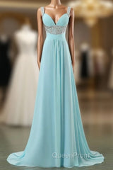 Blue Empire Spaghetti Straps Chiffon Backless Long Evening Prom Dresses