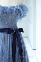 Blue Floor Length Evening Prom Dresses, A-line Strapless Tulle Evening Dresses