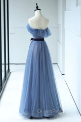 Blue Floor Length Evening Prom Dresses, A-line Strapless Tulle Evening Dresses