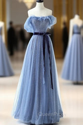 Blue Floor Length Evening Prom Dresses, A-line Strapless Tulle Evening Dresses