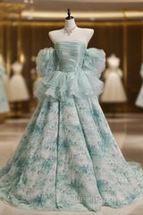 Blue Floral A-Line Strapless Organza Long Evening Prom Dresses Graduation Evening Prom Dresses