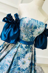 Blue Floral Pattern Long Senior Evening Prom Dresses, Off the Shoulder Evening Party Dresses