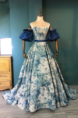 Blue Floral Pattern Long Senior Evening Prom Dresses, Off the Shoulder Evening Party Dresses