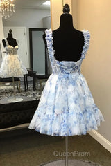 Blue Floral Printed Spaghetti Straps A-Line Short Corset Homecoming Dresses