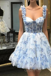 Blue Floral Printed Spaghetti Straps A-Line Short Corset Homecoming Dresses