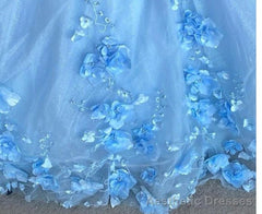 Blue flowers tulle ball gown , chic prom dress