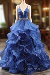Blue Glitter Tulle Long A-Line Evening Prom Dresses, V-Neck Spaghetti Strap Backless Evening Party Dresses