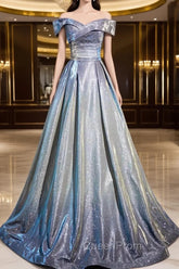 Blue Gradient A-Line Floor Length Evening Prom Dresses, Blue Off The Shoulder Evening Party Dresses