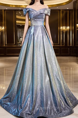Blue Gradient A-Line Floor Length Evening Prom Dresses, Blue Off The Shoulder Evening Party Dresses